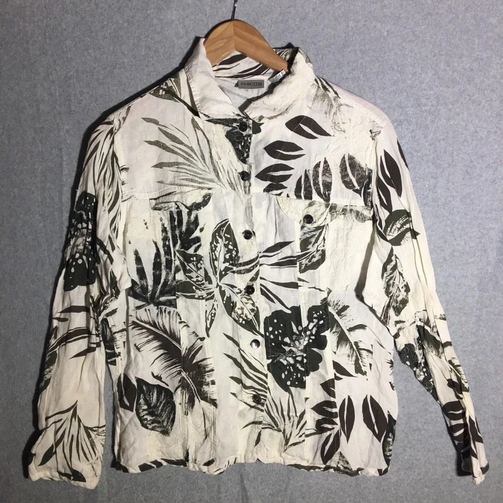 Womens Chicos Button Up Blouse Lagenlook Beachy Boho Coastal Cottage Core Linen